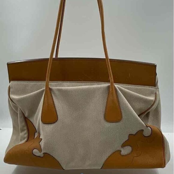 Escada Handbags - Authentic Escada Women Beige Brown Double Handle Bottom Studs Tote Handbag